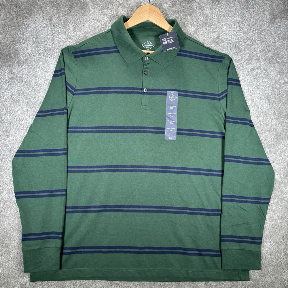 St Johns Bay Polo Shirt Mens XL Green Blue Striped Long Sleeve Rugby NWT